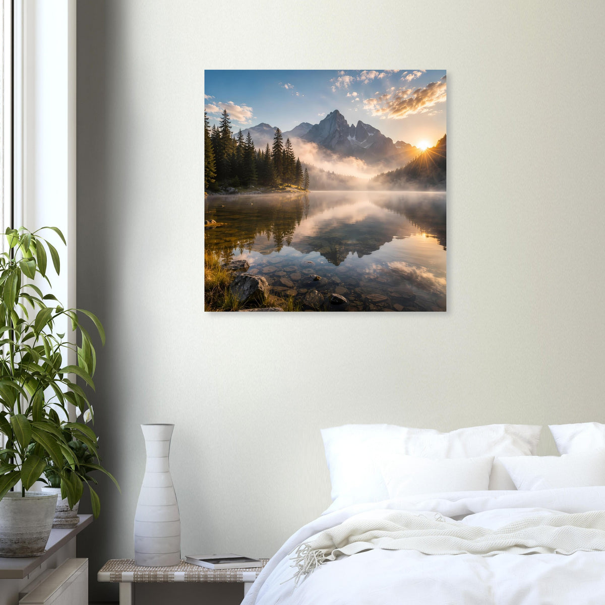 Quadratisches Poster mit Bergpanorama, Wald und tief stehender Sonne am See.