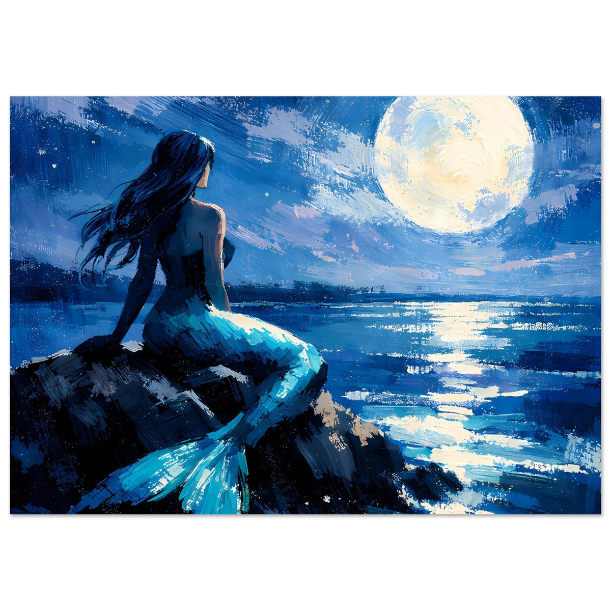 Premium-Mattes Poster mit Meerjungfrau im Blau, Mond über ruhigem Wasser