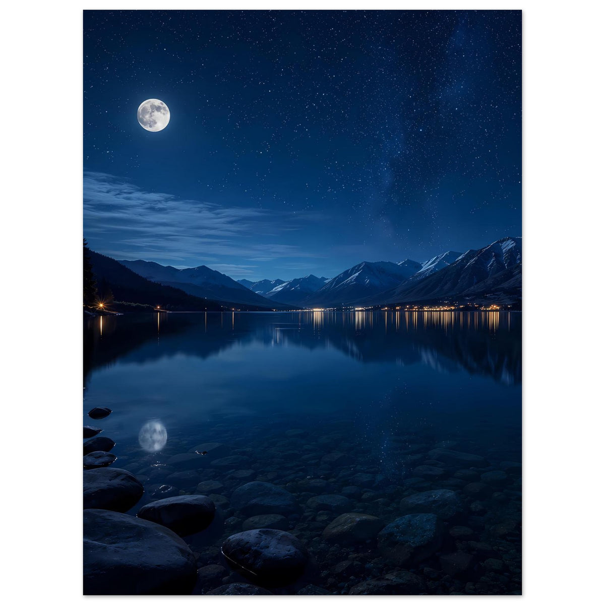 Poster mit Mond über ruhigem Bergsee, reflektierten Lichtern und sternklarem Himmel