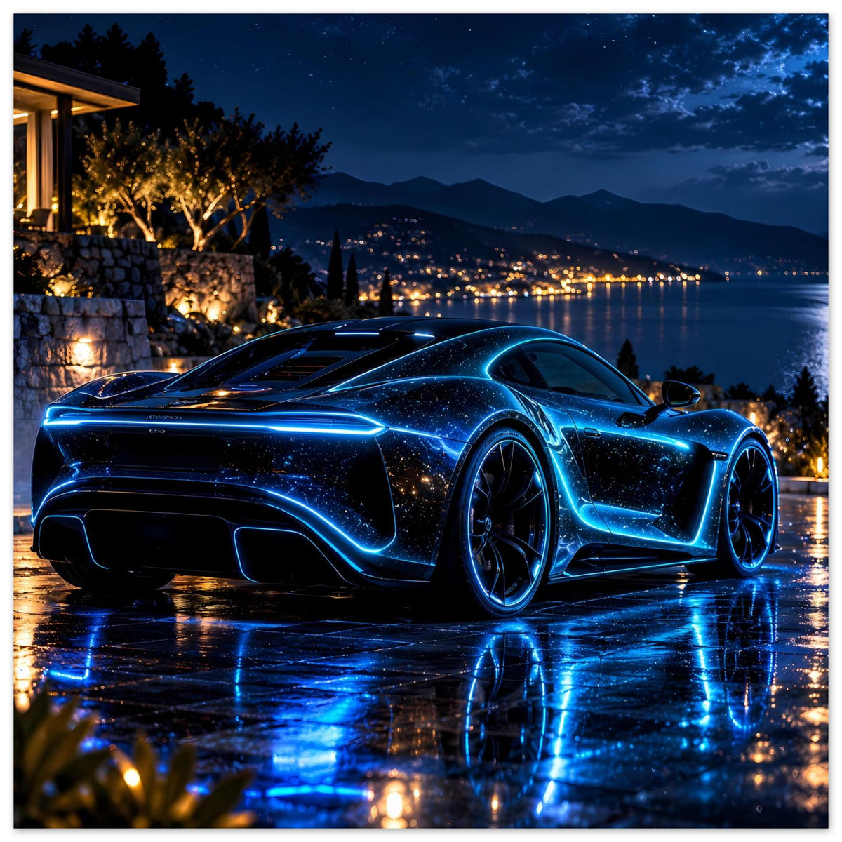 Poster, horizontal: blauer Neon-Sportwagen, Scheinwerferlichter und Reflexionen auf Asphalt