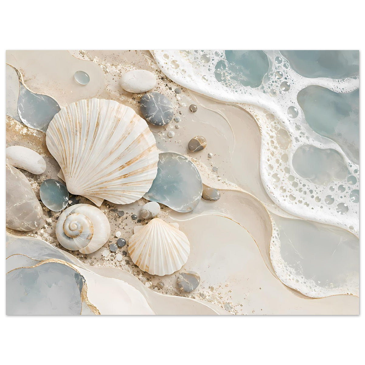 Küstenmotiv-Poster mit Muscheln und türkisfarbenen Wassermulden, weißer Schaumtextur