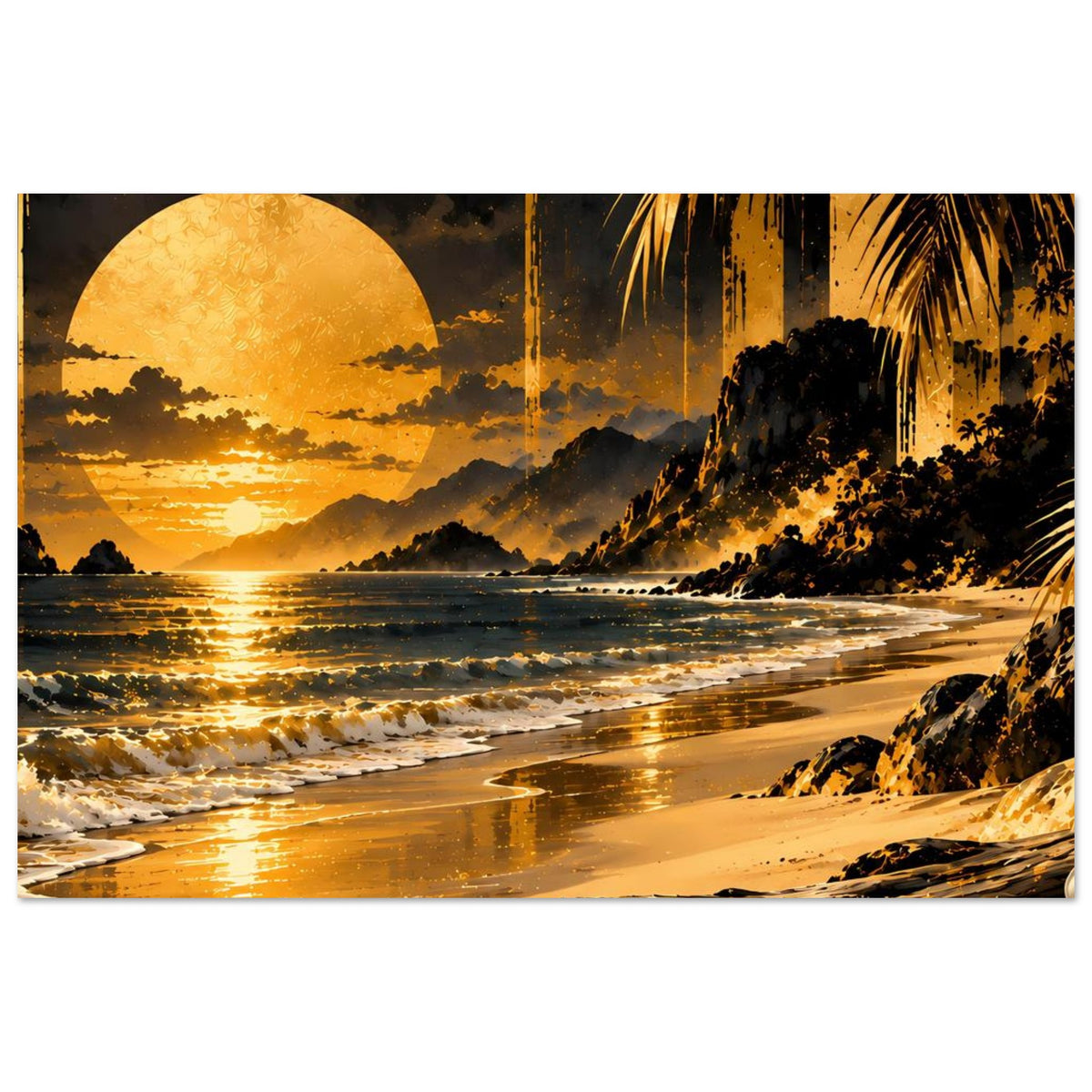 Kunstposter Strandlandschaft mit großer gelber Sonne, reflektierendem Wasser und Palmen