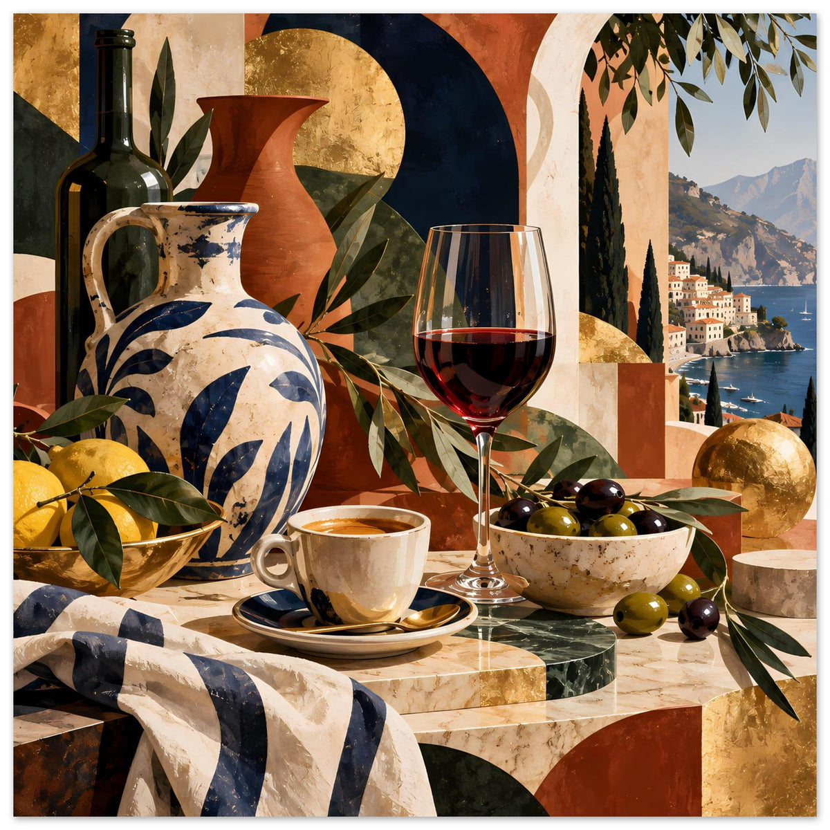 Mediterranes Stillleben-Poster mit Wein im Glas, blau gemusterter Kanne und Schale mit Oliven