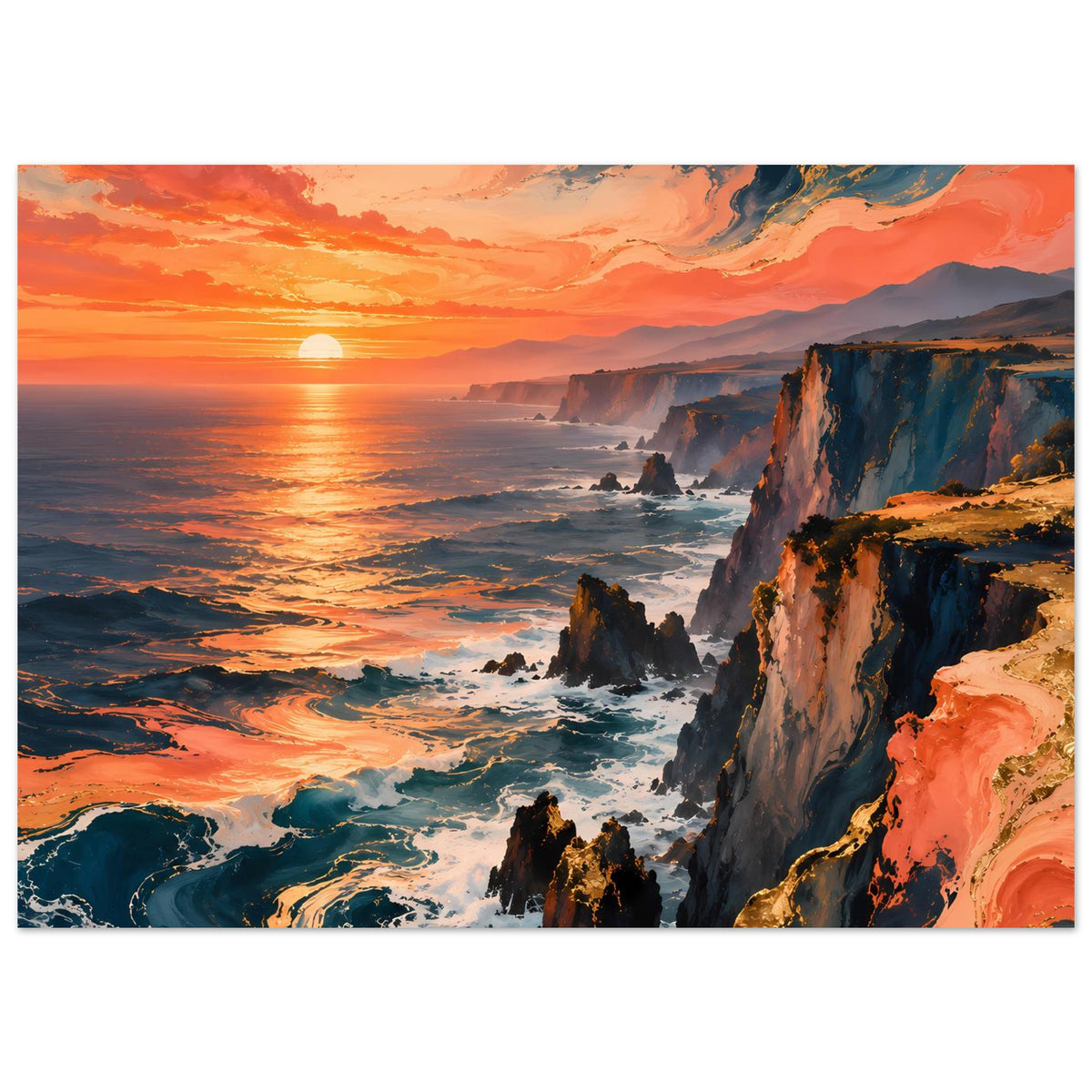 Poster im Querformat: Steilküste und Meer bei Sonnenuntergang, intensive Orange- und Blautöne