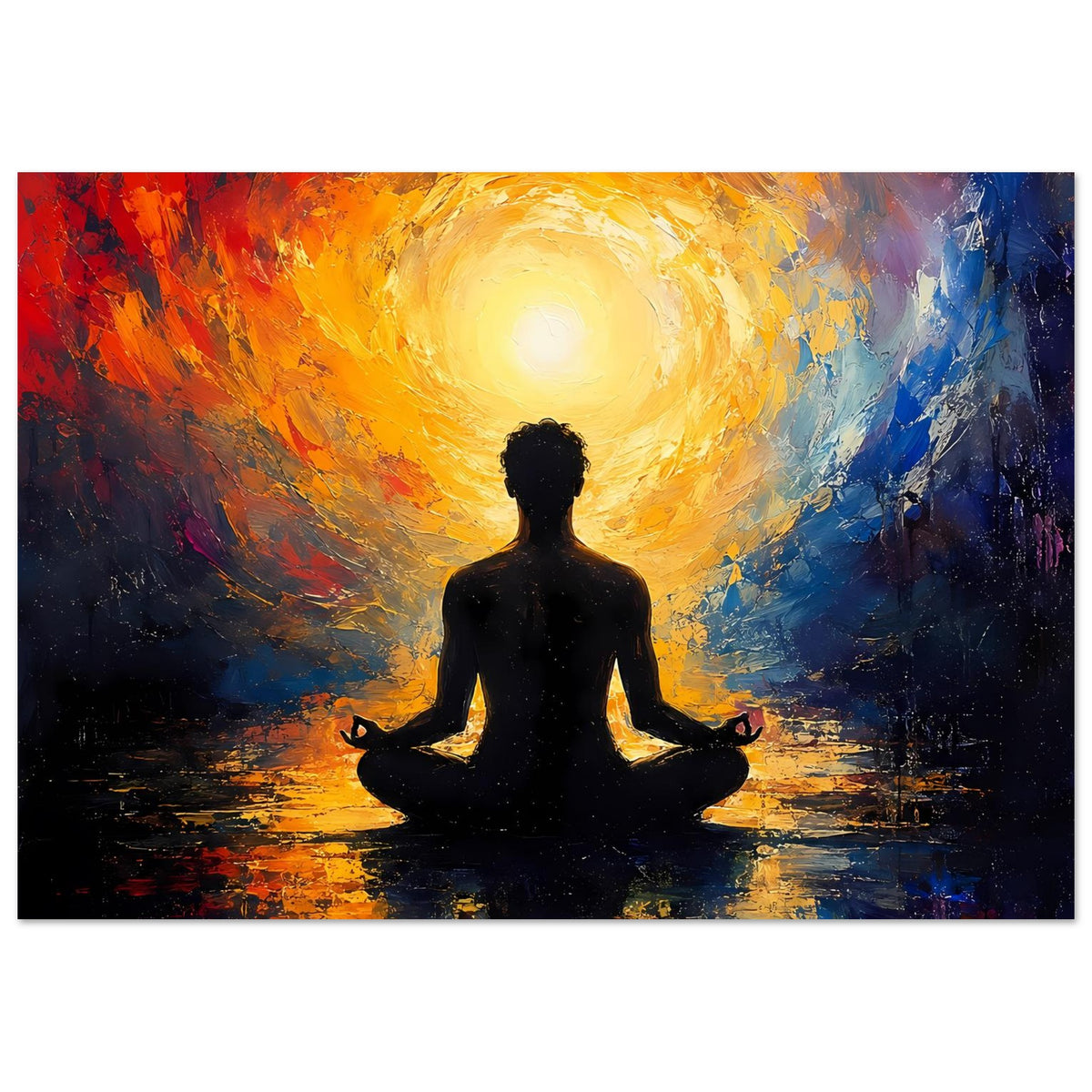 Zen-Poster mit Meditationssilhouette, heller gelber Aura und kontrastreichen Farbflächen