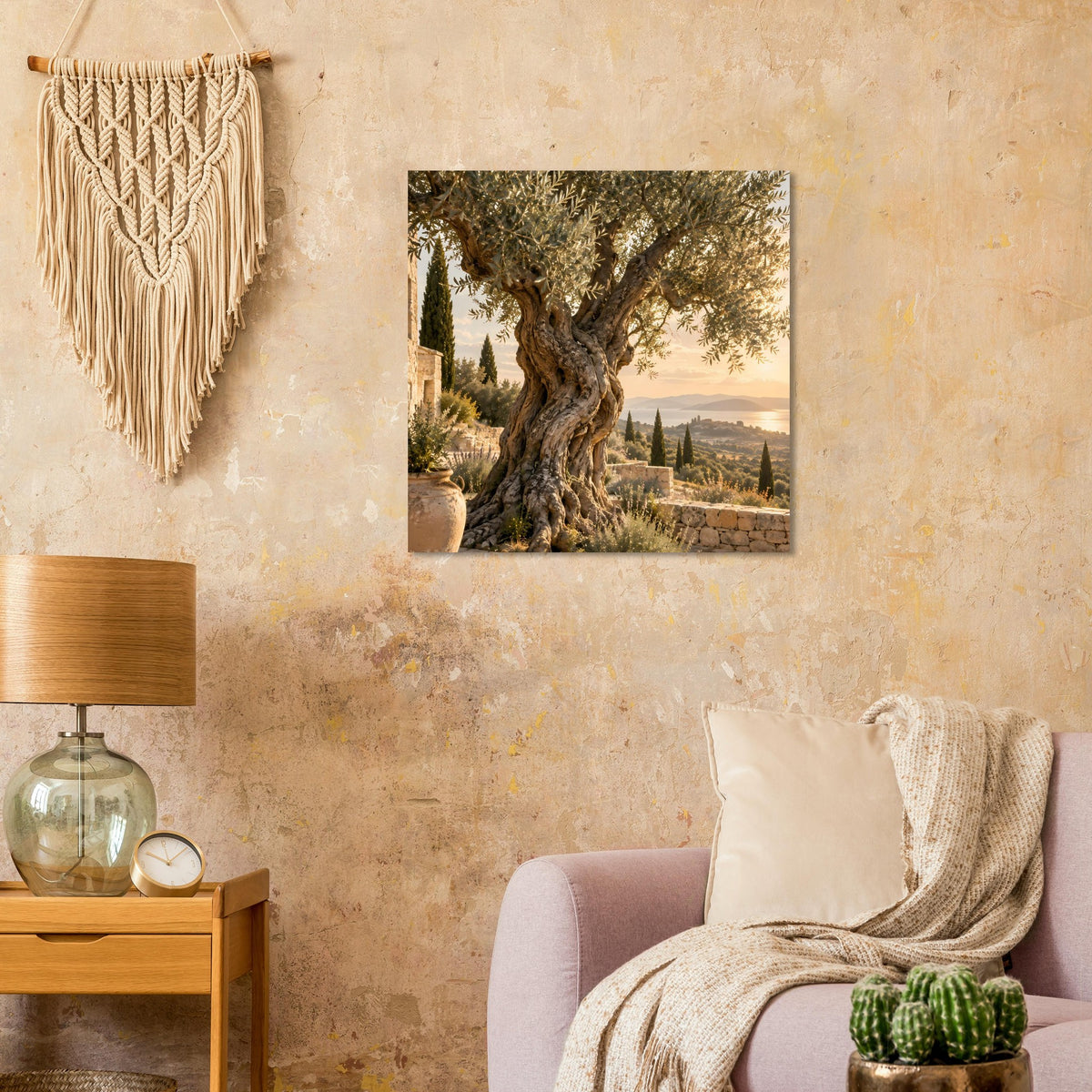 Wandposter mit Olivenbaum und mediterraner Landschaft, goldener Abendhimmel