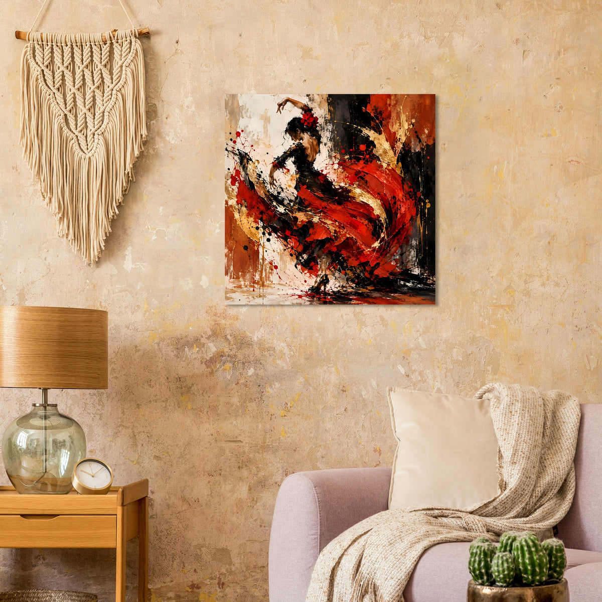 Wandposter mit Flamenco-Tänzerin im Abstraktstil, rotes Kleid auf beigem Grund