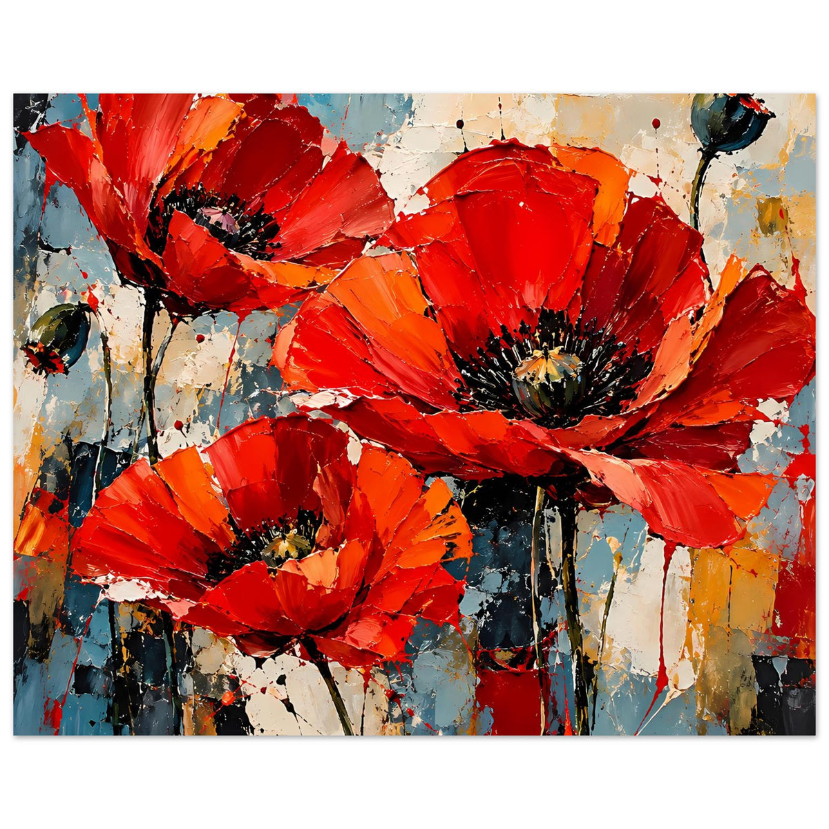 Abstraktes Poster mit roten Mohnblumen, Querformat, Farbspritzer und Pinselstriche