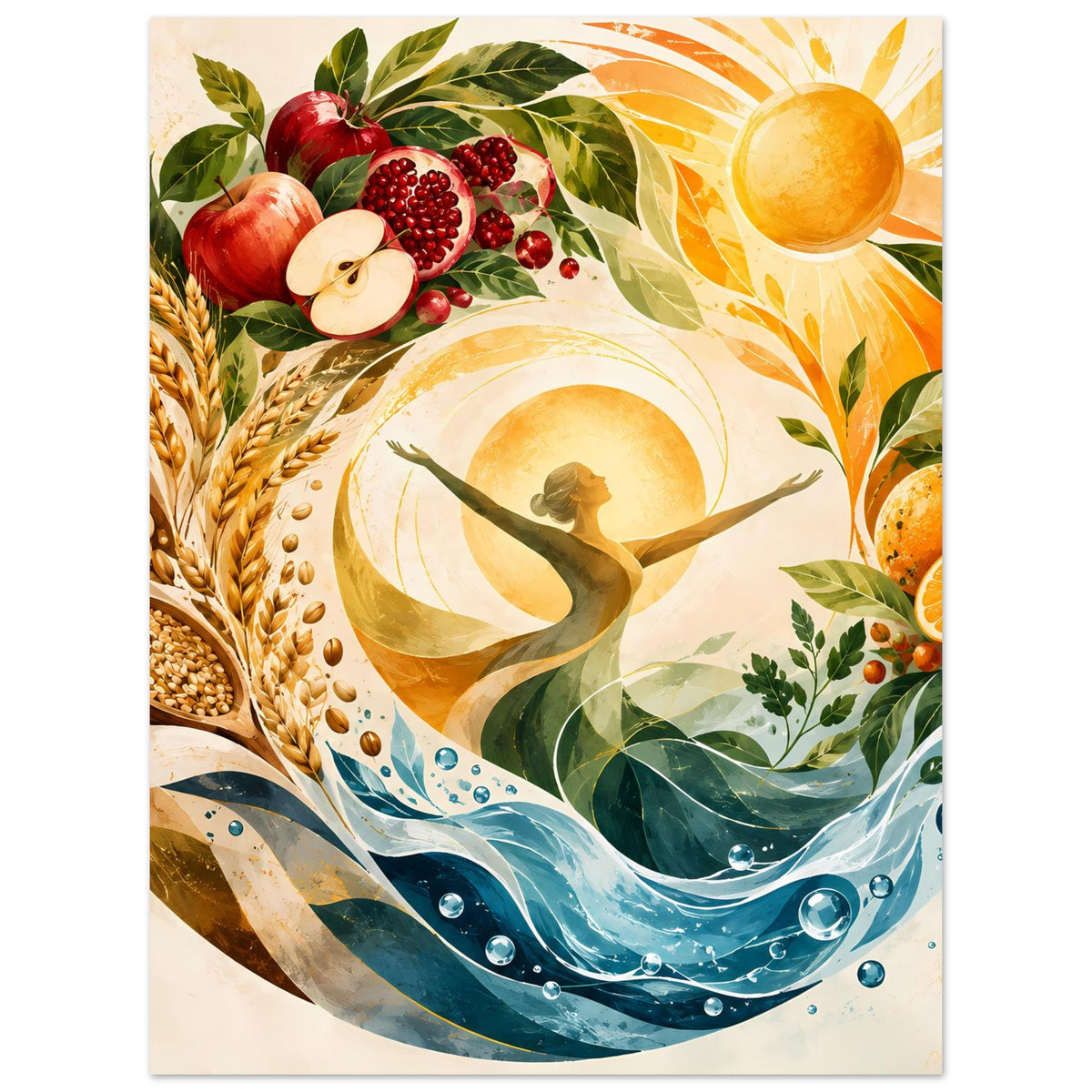 Poster in Nahansicht: Sonnenscheibe, Früchte und Blätter über geschwungener Wasserfläche
