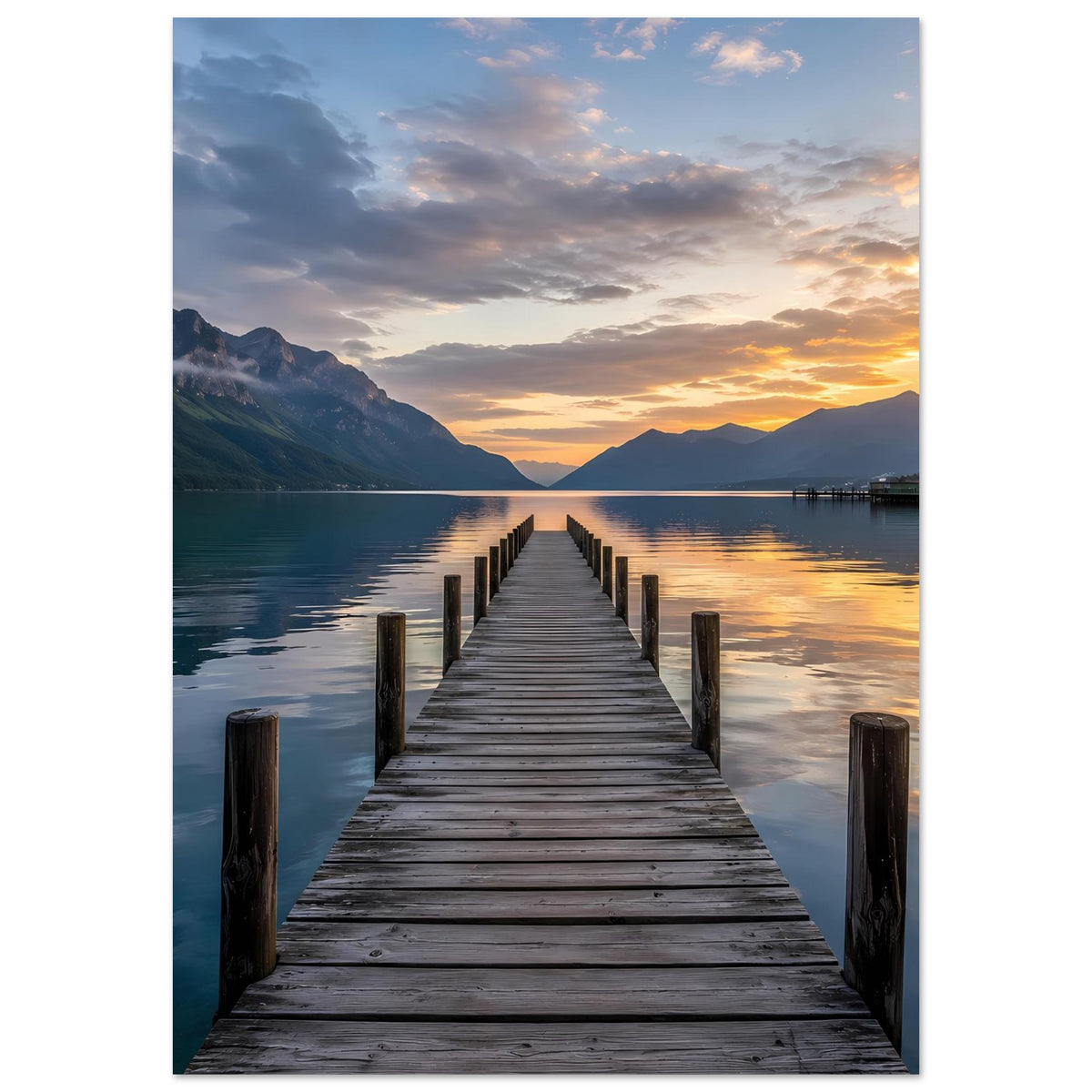 Poster eines Stegs am See zum Sonnenuntergang mit Bergen und Wolkenhimmel