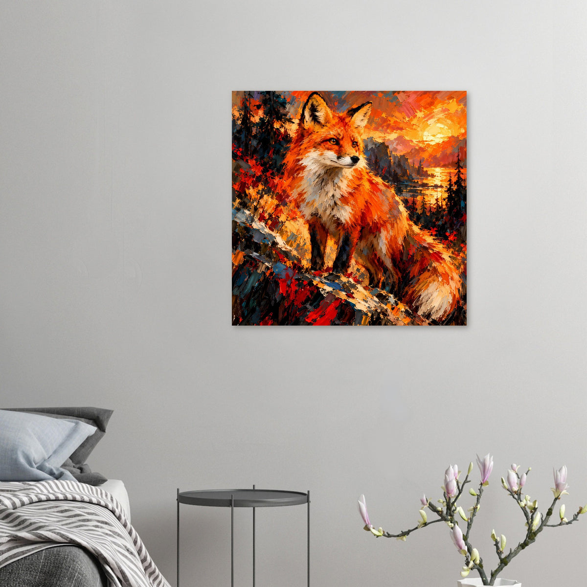 Kleines quadratisches Poster mit Fuchs-Porträt in Orange und Rot, malerische Textur