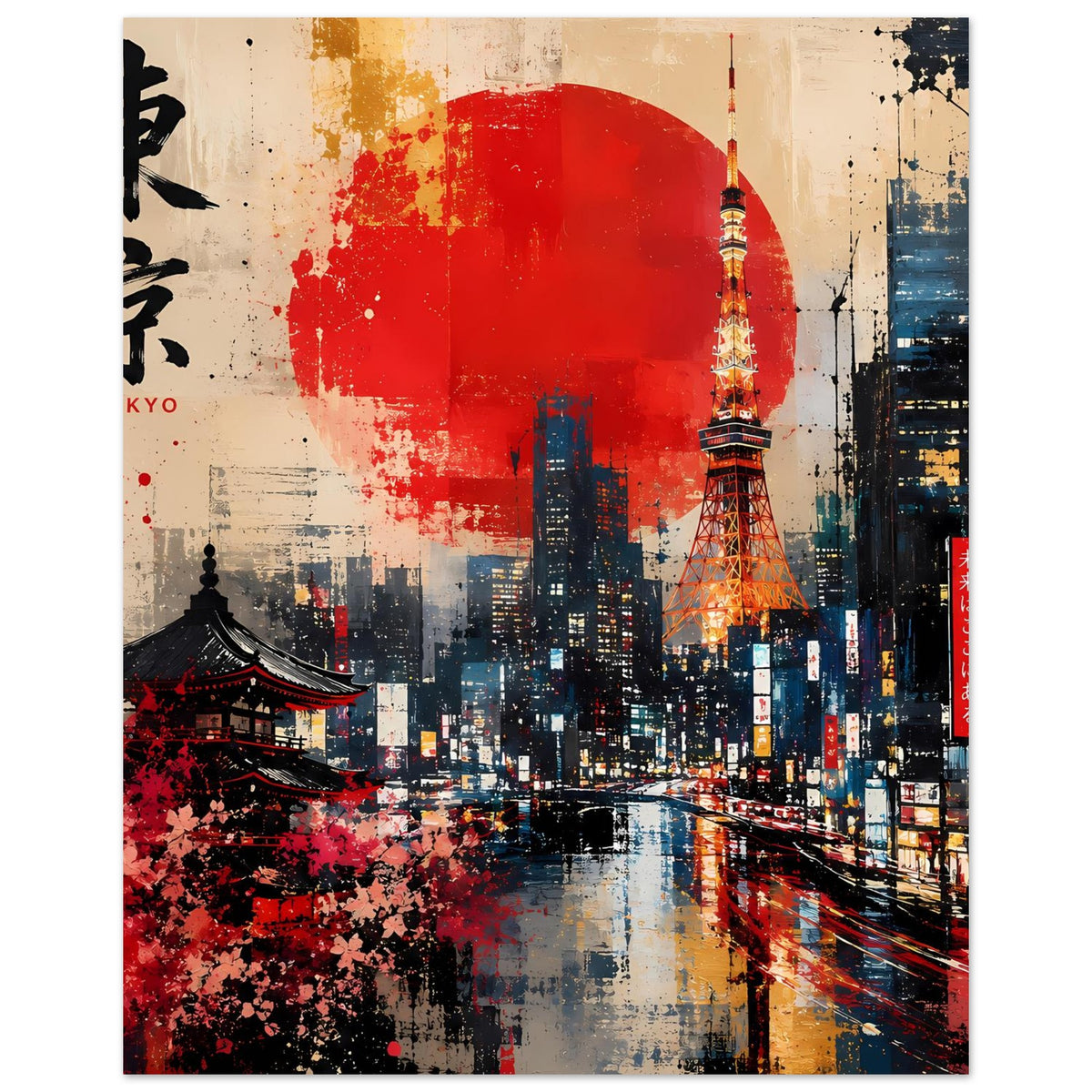 Vertikales Poster mit roter Kreisform über Stadt, Tokyo Tower und Pagode links