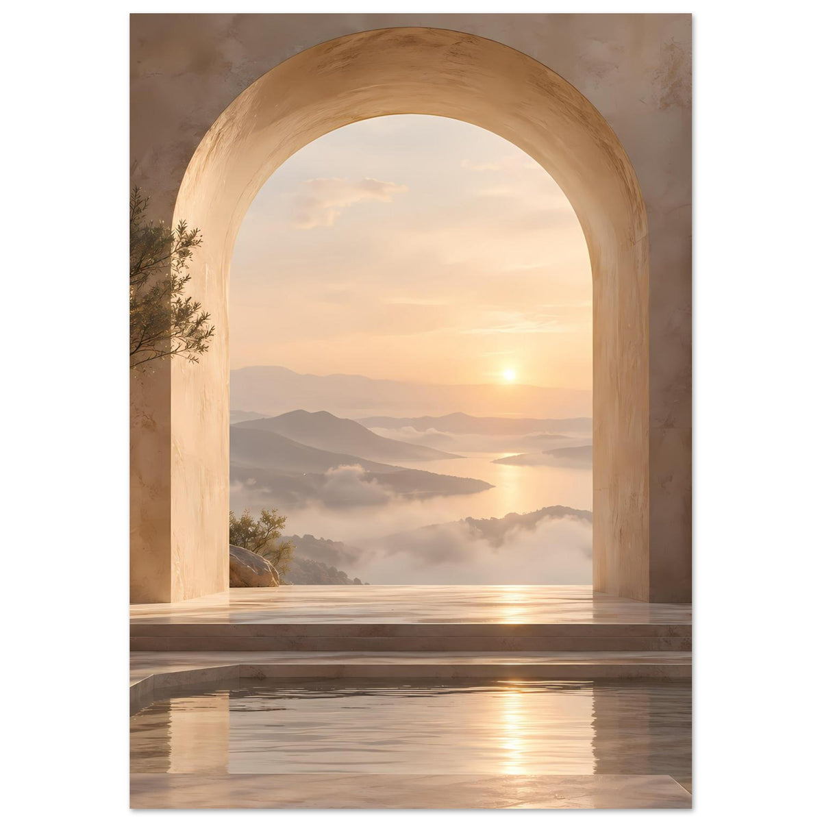 Poster mit zentraler Bogenöffnung und Sonnenuntergang über Nebellandschaft mit Wasserspiegel