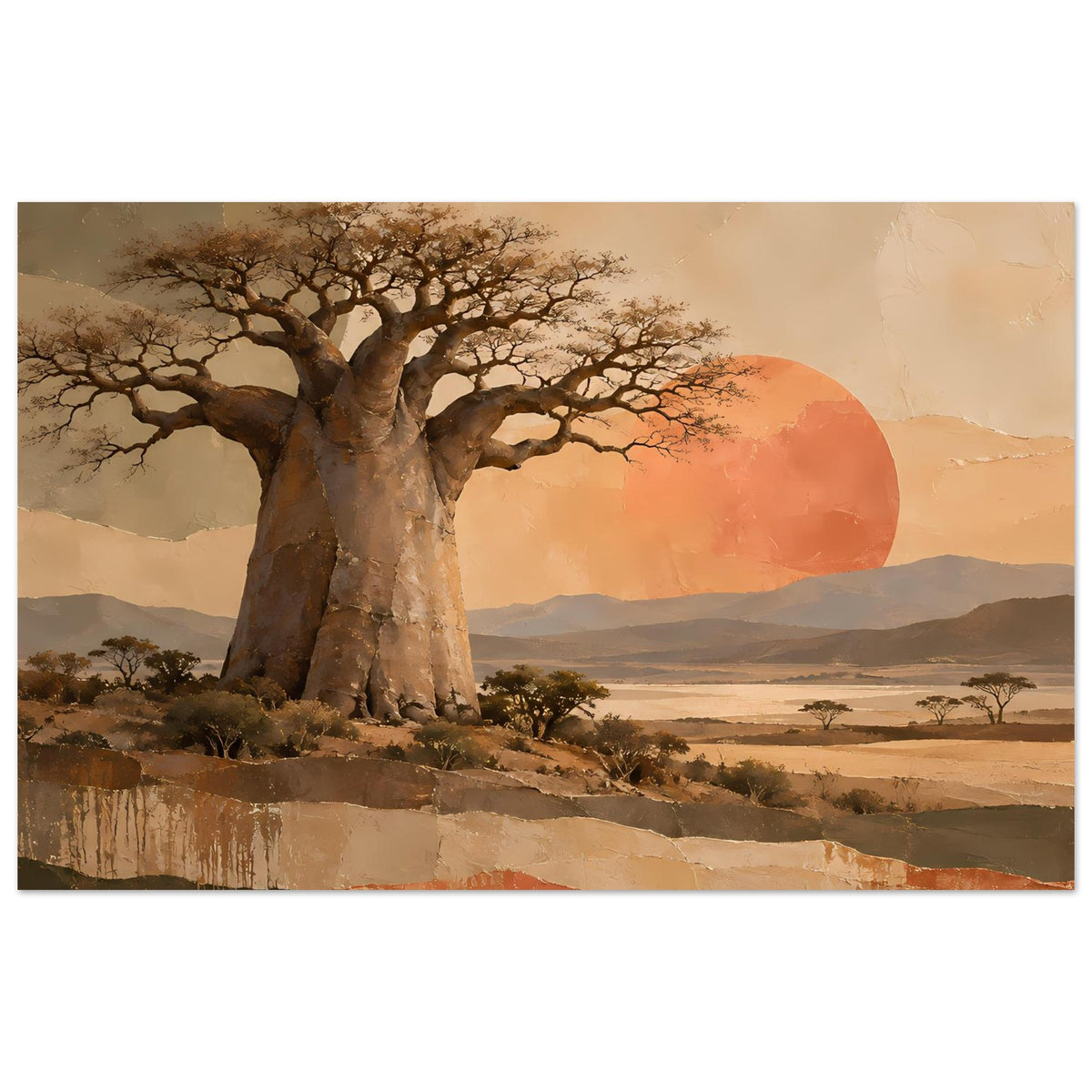 Naturposter mit Baobab-Baum, rundem Himmelssonnenkreis und afrikanischer Landschaft
