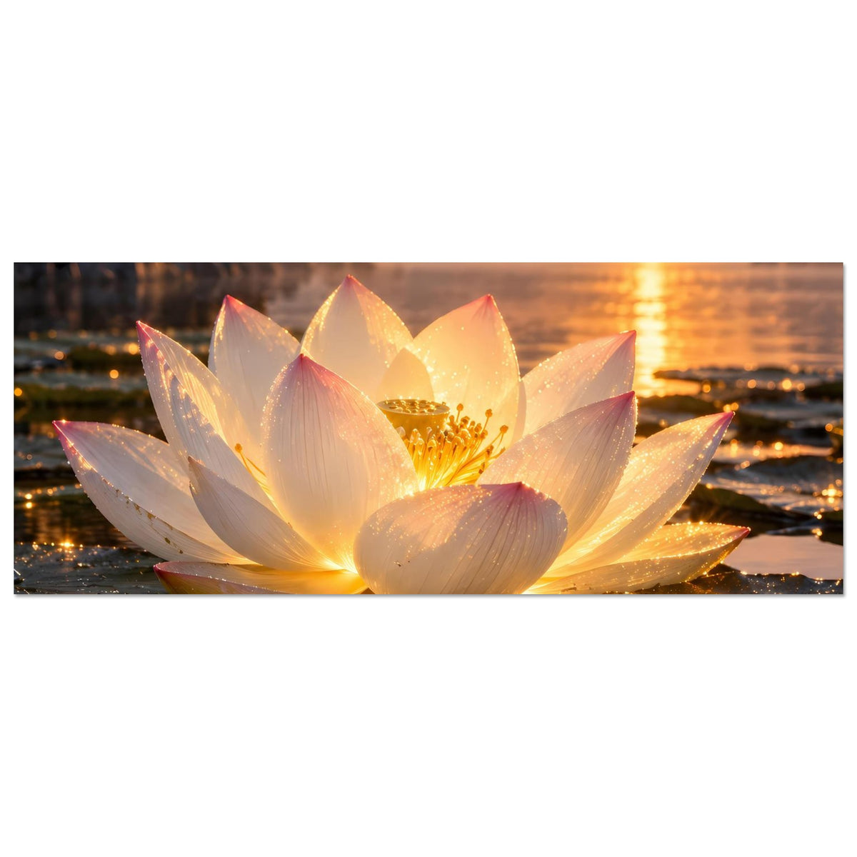 Horizontales Poster: Lotusblüte mit goldener Mitte, weit ausgebreiteten weißen Blütenblättern