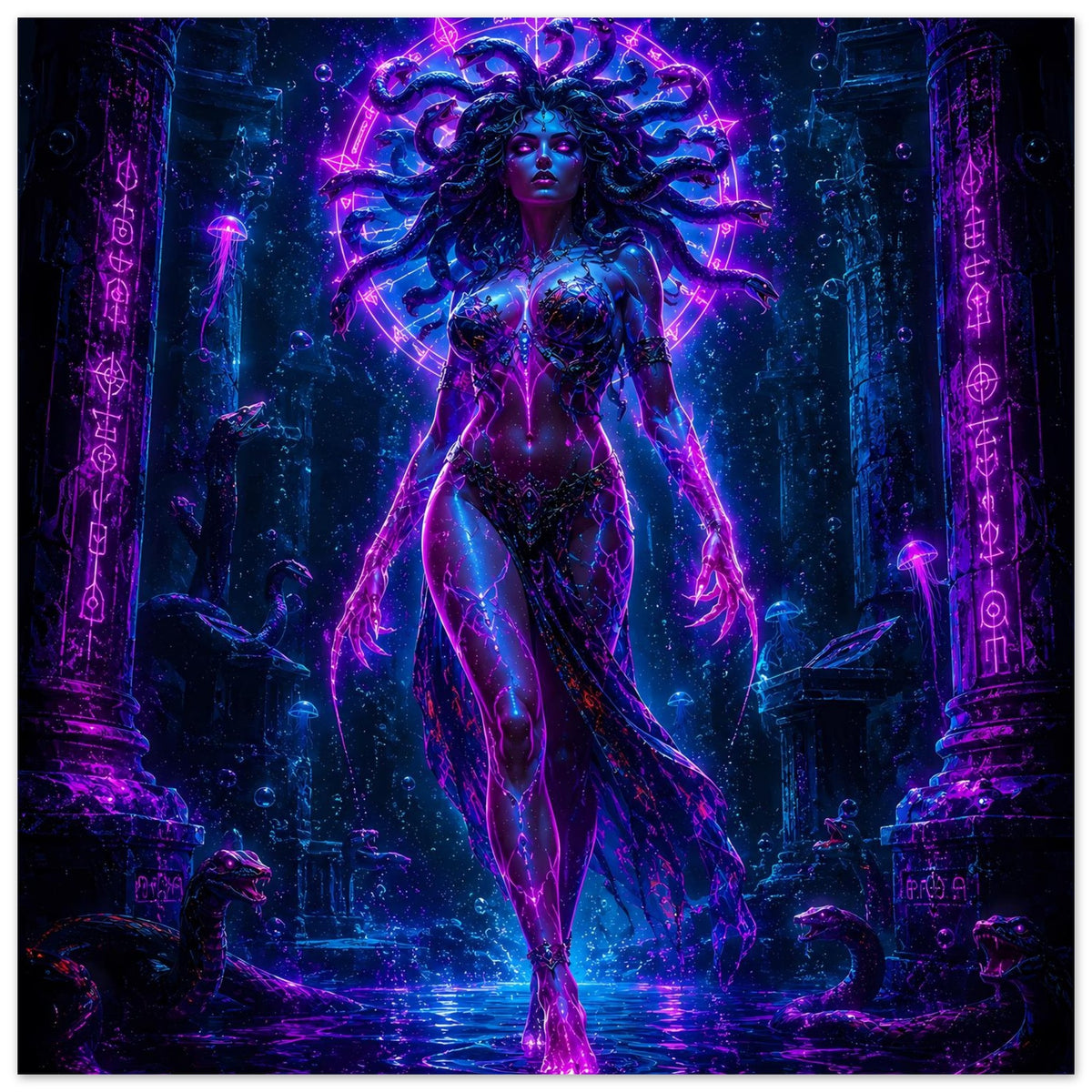 Poster mit Medusenfrau im Neon-Look, klar zentrierte Figur, lila-blau leuchtendes Tempelmotiv