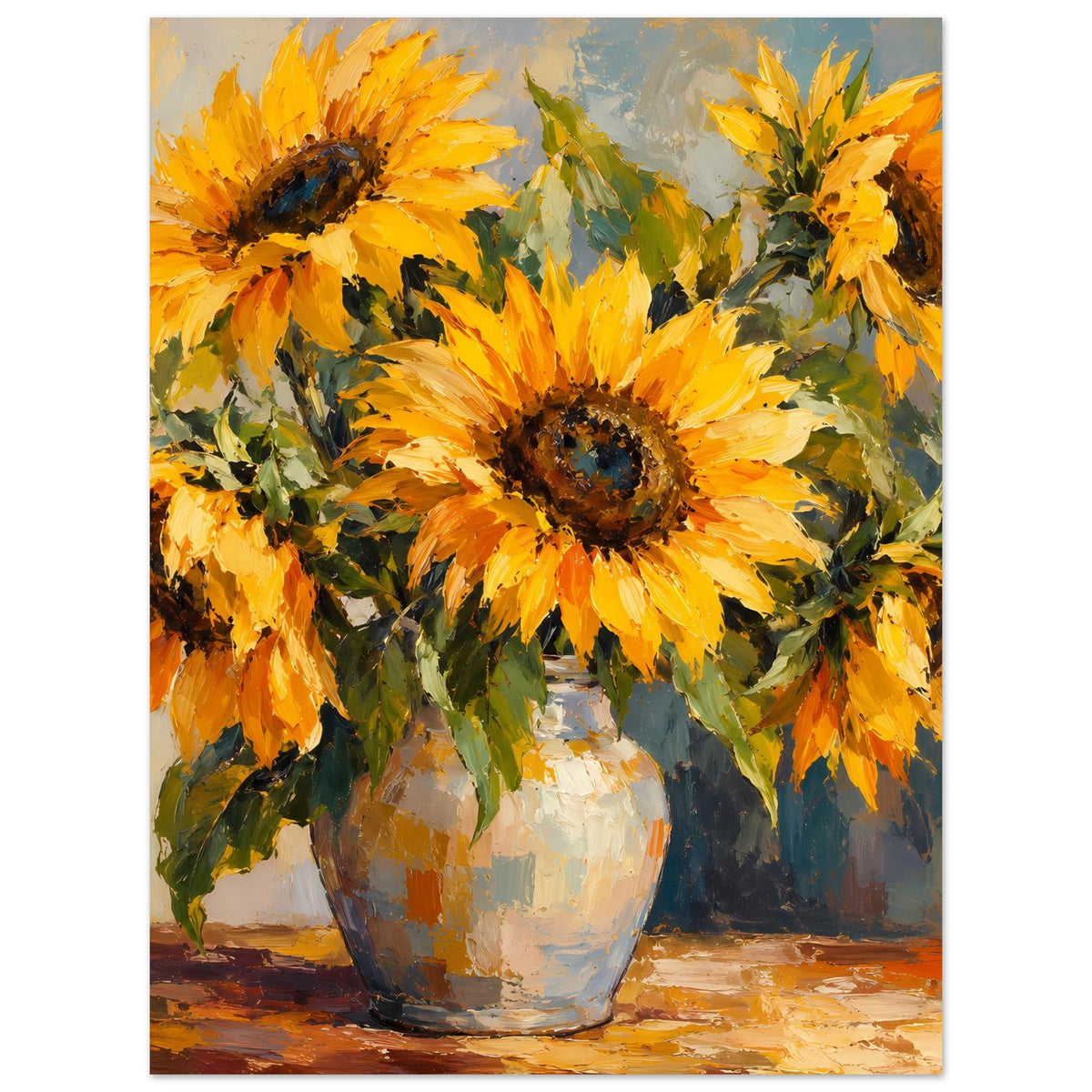 Stillleben-Poster mit Sonnenblumen in weißer Vase, gelb-orange Blüten und grüne Blätter im Fokus