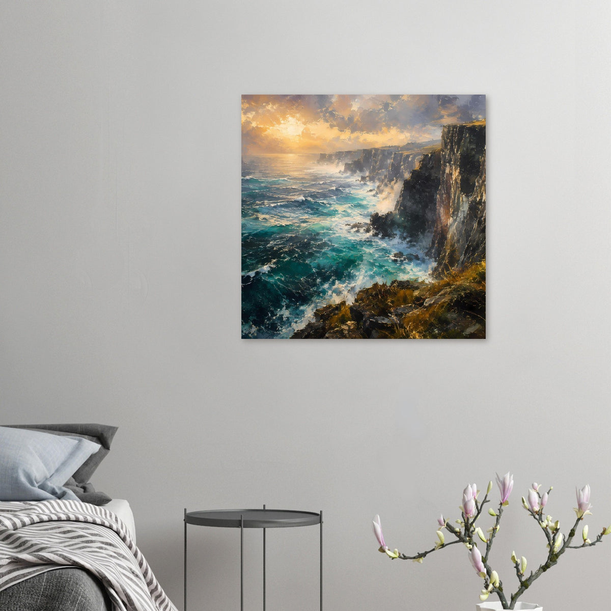 Poster mit Klippenküste, türkisblauer Brandung und goldenem Sonnenuntergang