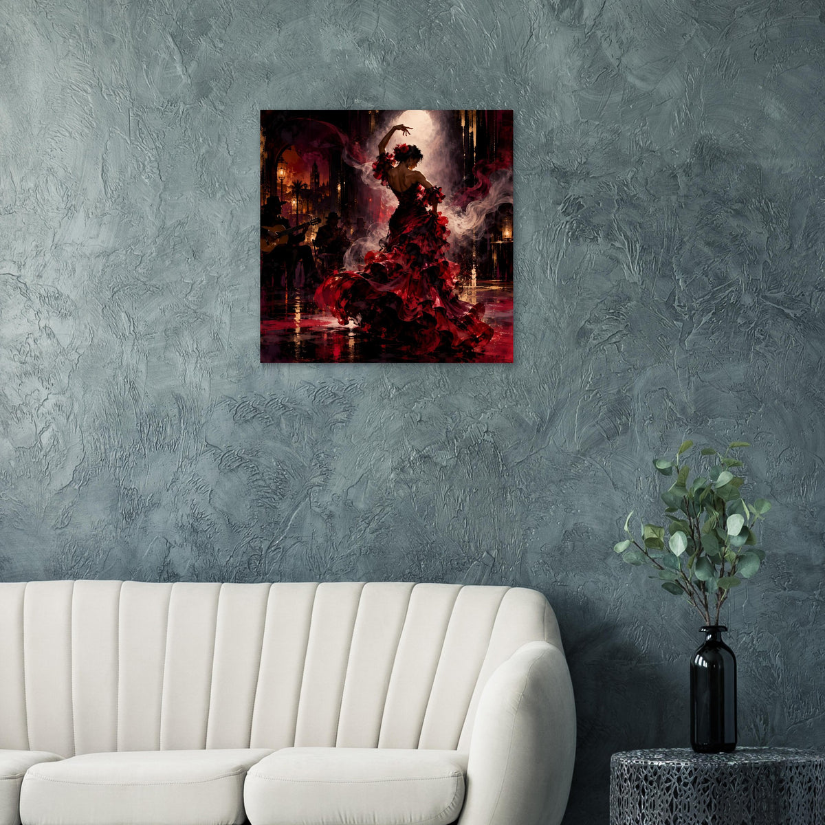 Wandposter mit Flamenco-Tänzerin in rotem Kleid, dunkle Nachtkulisse mit roten Akzenten