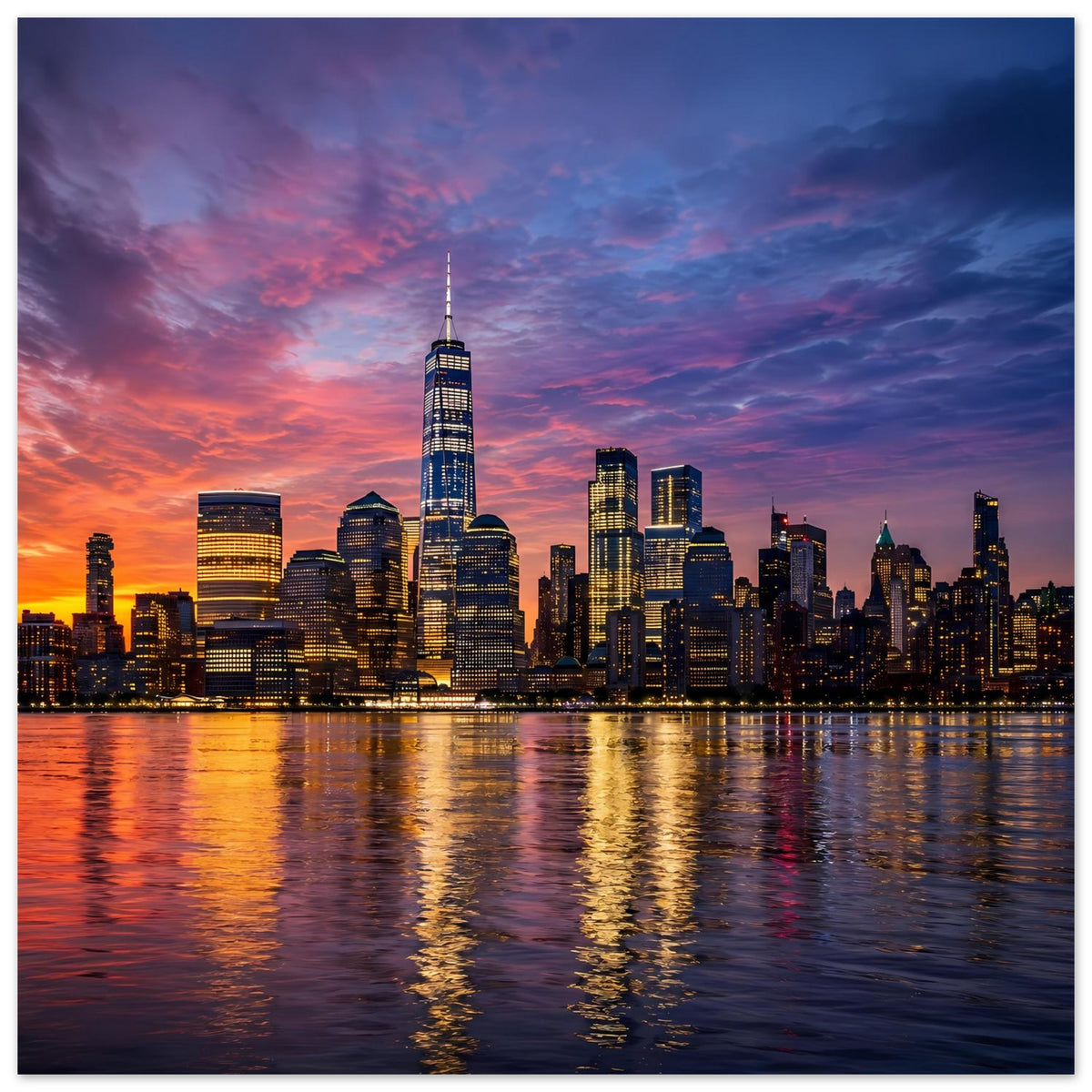 Poster mit New-York-Skyline bei Dämmerung, breite Stadtansicht mit Fluss im Vordergrund