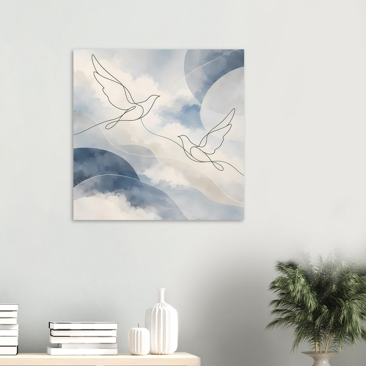 Kleiner Kunstdruck: Tauben in Linienzeichnung über Wolken in Blau und Beige