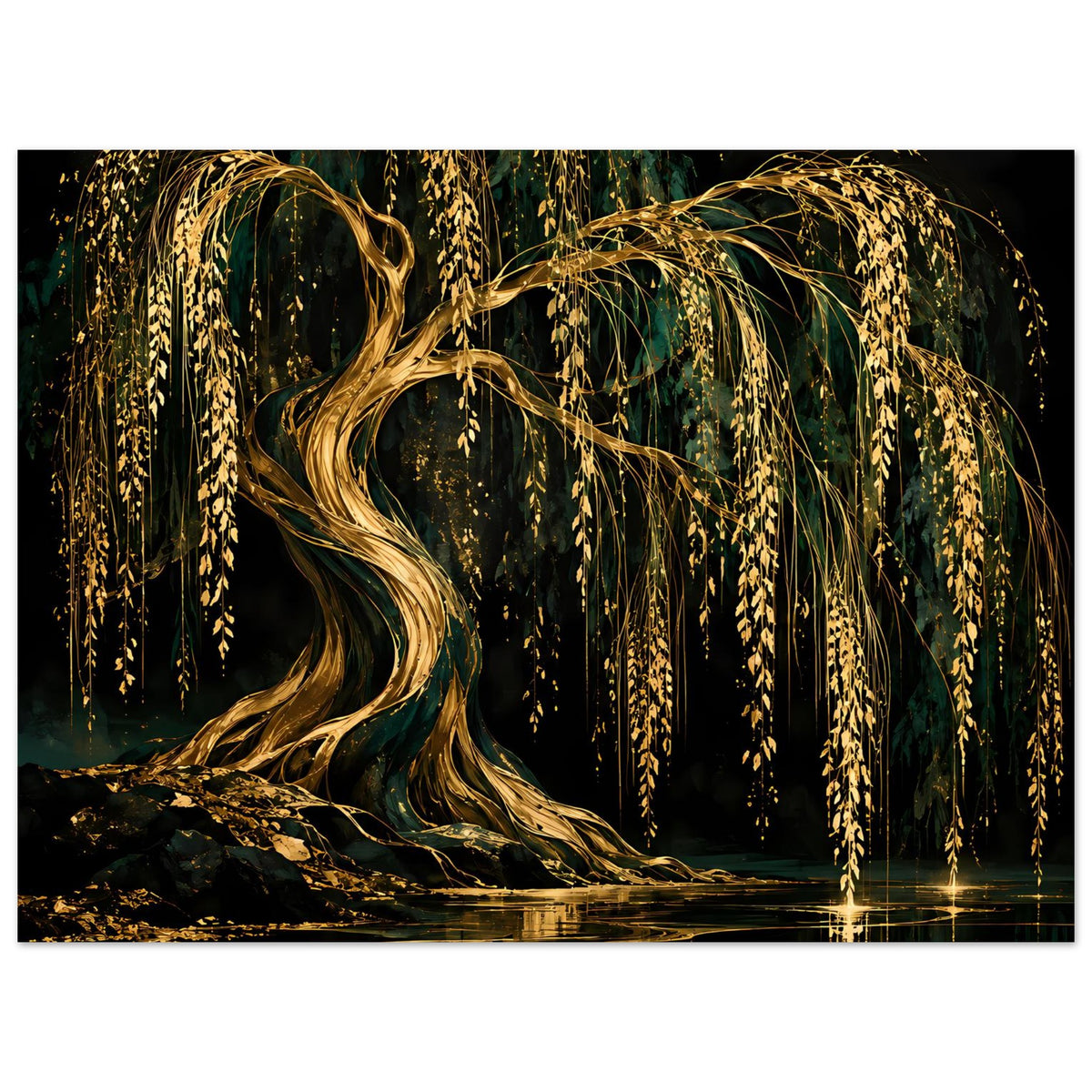 Wandposter mit goldener Weide und herabhängenden Ranken, dunkler Wald und Wasserreflexion