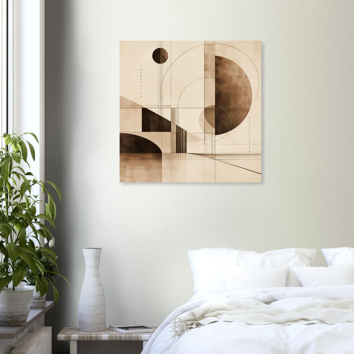 Abstrakter Kunstdruck mit Bauhaus-ähnlichen geometrischen Formen in Sepia, querformat
