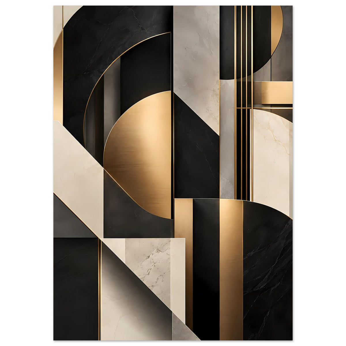 Geometrisches Kunstposter mit goldenen Linien und Halbkreisformen, schwarz-beige Marmoroptik