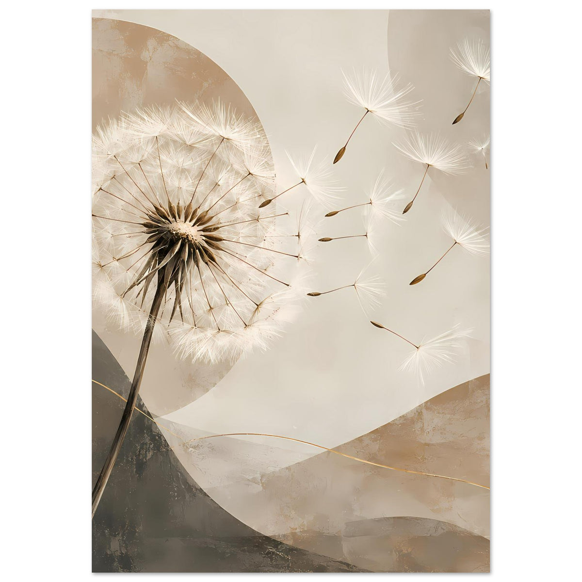 Wandposter hochkant mit Pusteblumen-Motiv: große weiße Pusteblume links, helle beige-graue Komposition