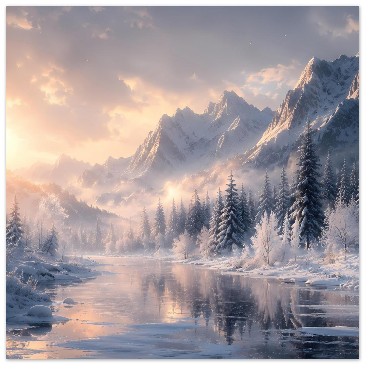 Winterlandschaft-Poster mit verschneiten Bergen, Tannen und spiegelndem Fluss