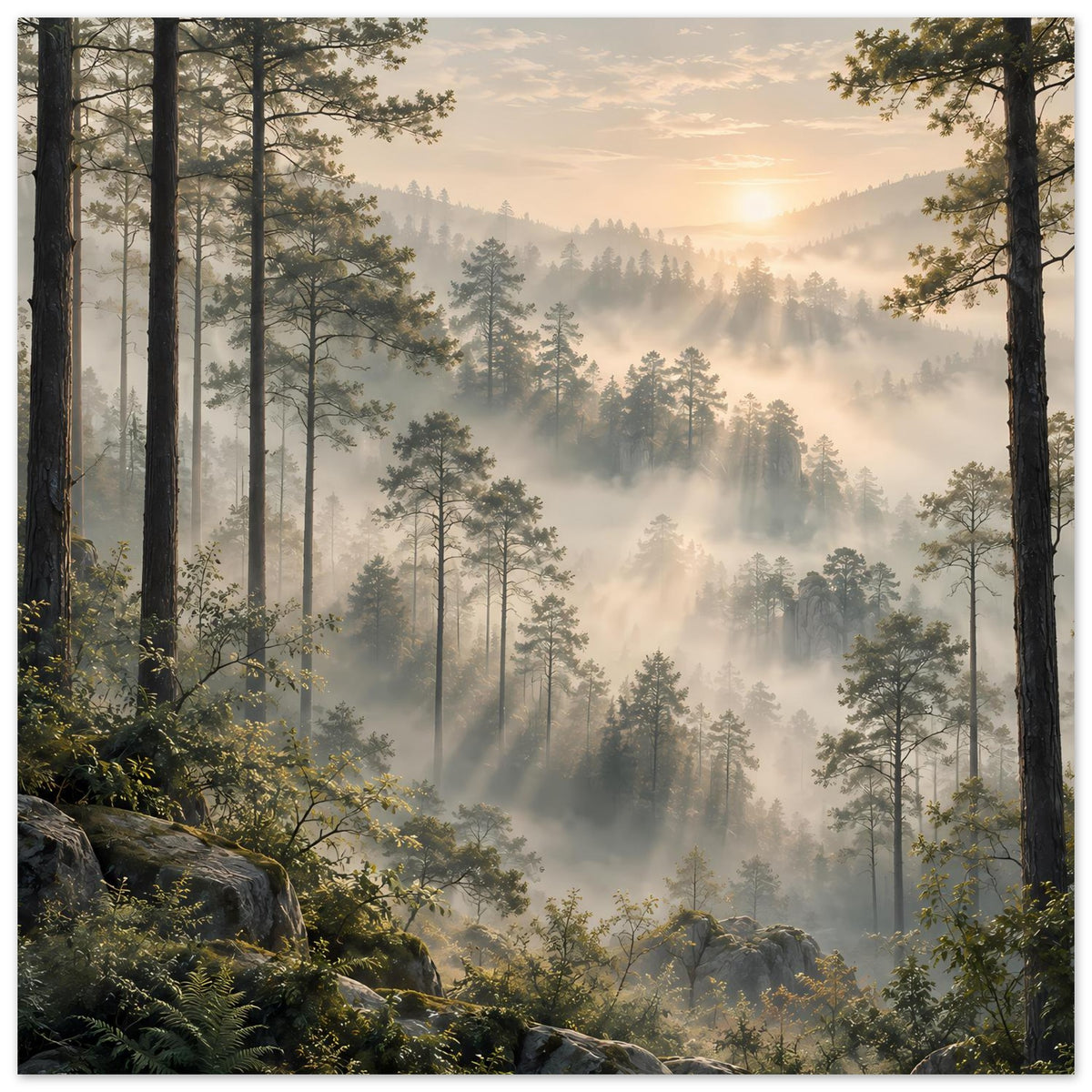 Waldlandschafts-Poster mit hohen Bäumen, Morgennebel und Sonnenstrahlen von rechts