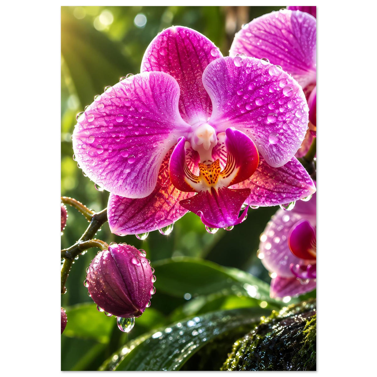 Poster mit pinkfarbenen Orchideenblüten und Wassertröpfchen auf violetten Blütenblättern