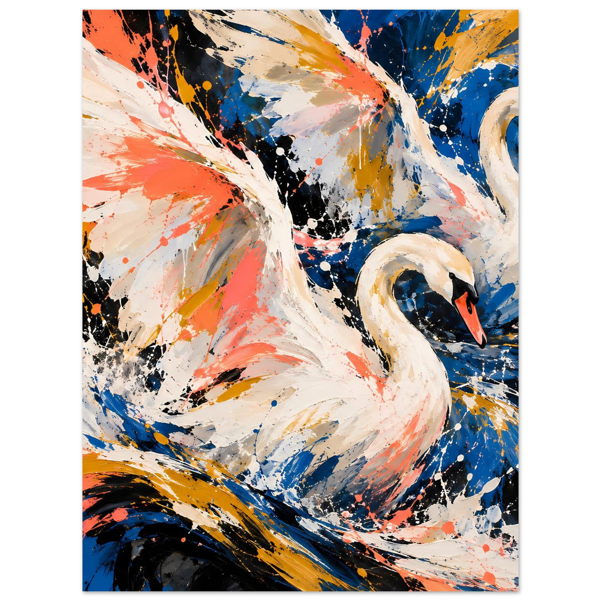 Kunstposter mit zwei Schwänen in Bewegung, abstraktes Farb-Splash in Koralle, Blau und Gold