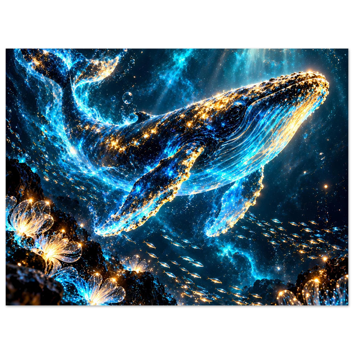 Leuchtendes Meerposter im Querformat: Wal-Motiv mit blauem Leuchten und goldenen Highlights