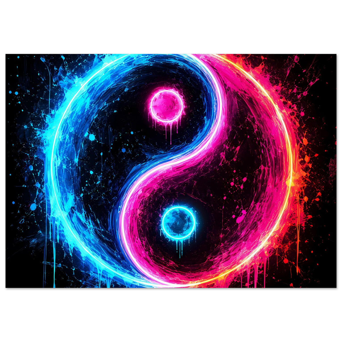 Neon-Yin-Yang-Poster, horizontales Motiv: blaues und pinkes Symbol mit Glühkontur