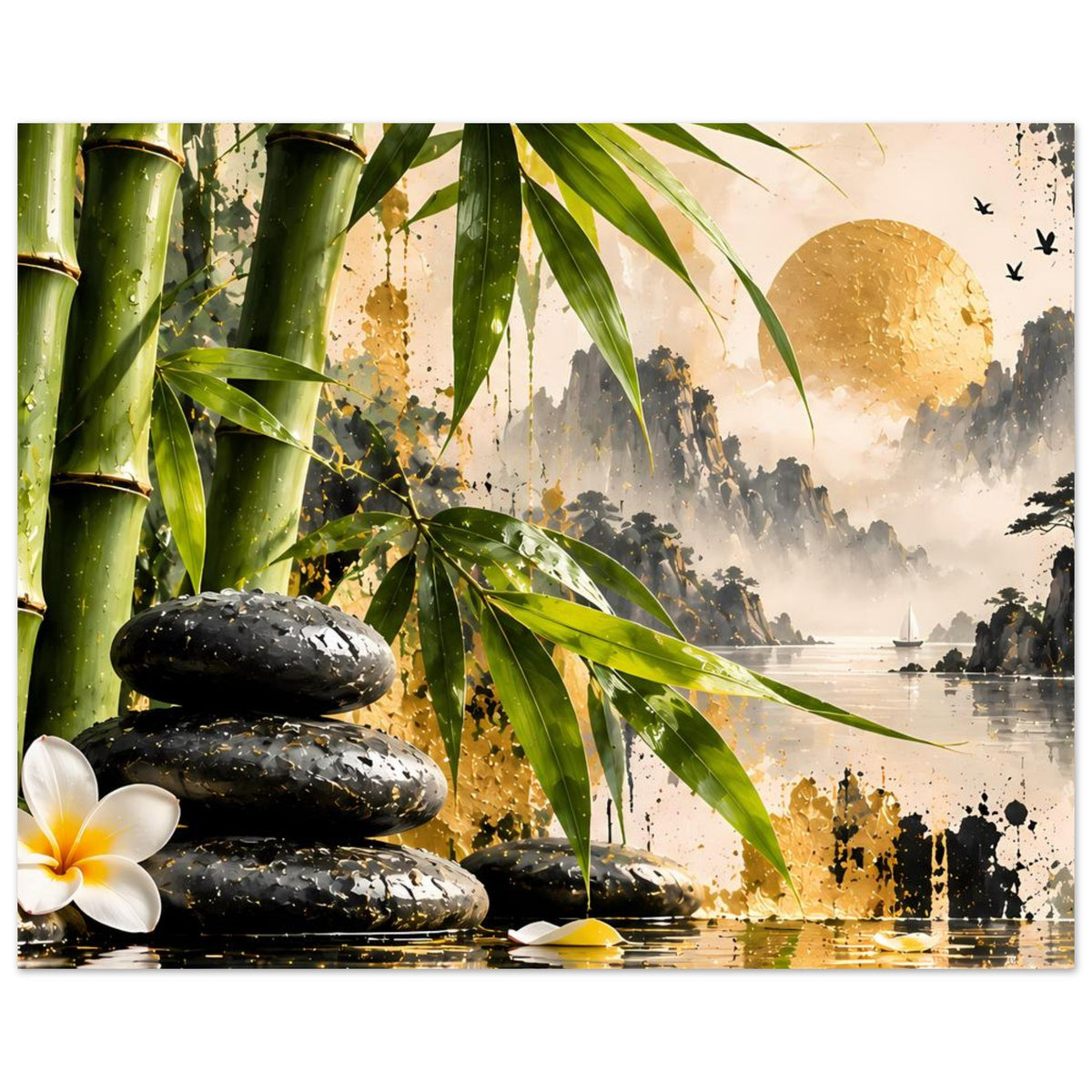 Zen-Bambus-Harmonie-Poster mit goldener Sonne, Bambus, schwarzen Steinen, Lotusblüte am Ufer