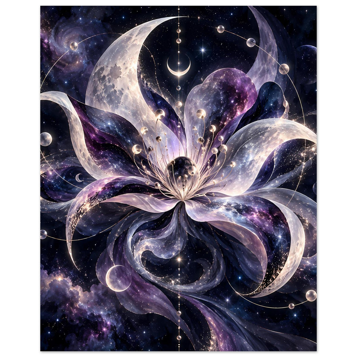 Kosmische Blüte mit Monden, Planeten und Sternen in violett-blauem Weltraum – Motivansicht 32