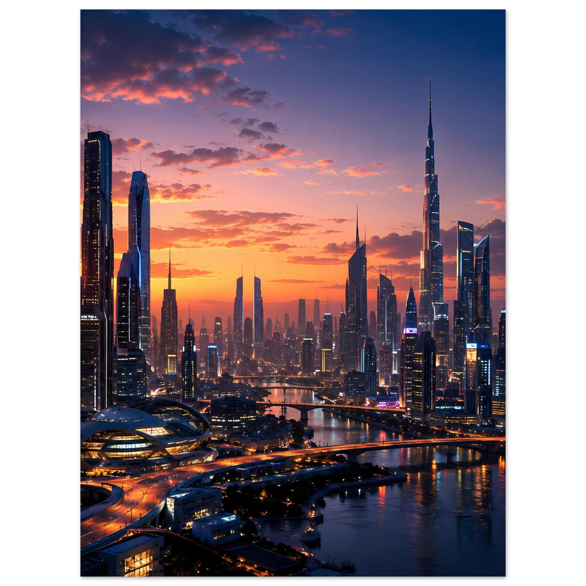 Poster mit Skyline bei Sonnenuntergang, Hochformat, Wolkenkratzer im Abendlicht