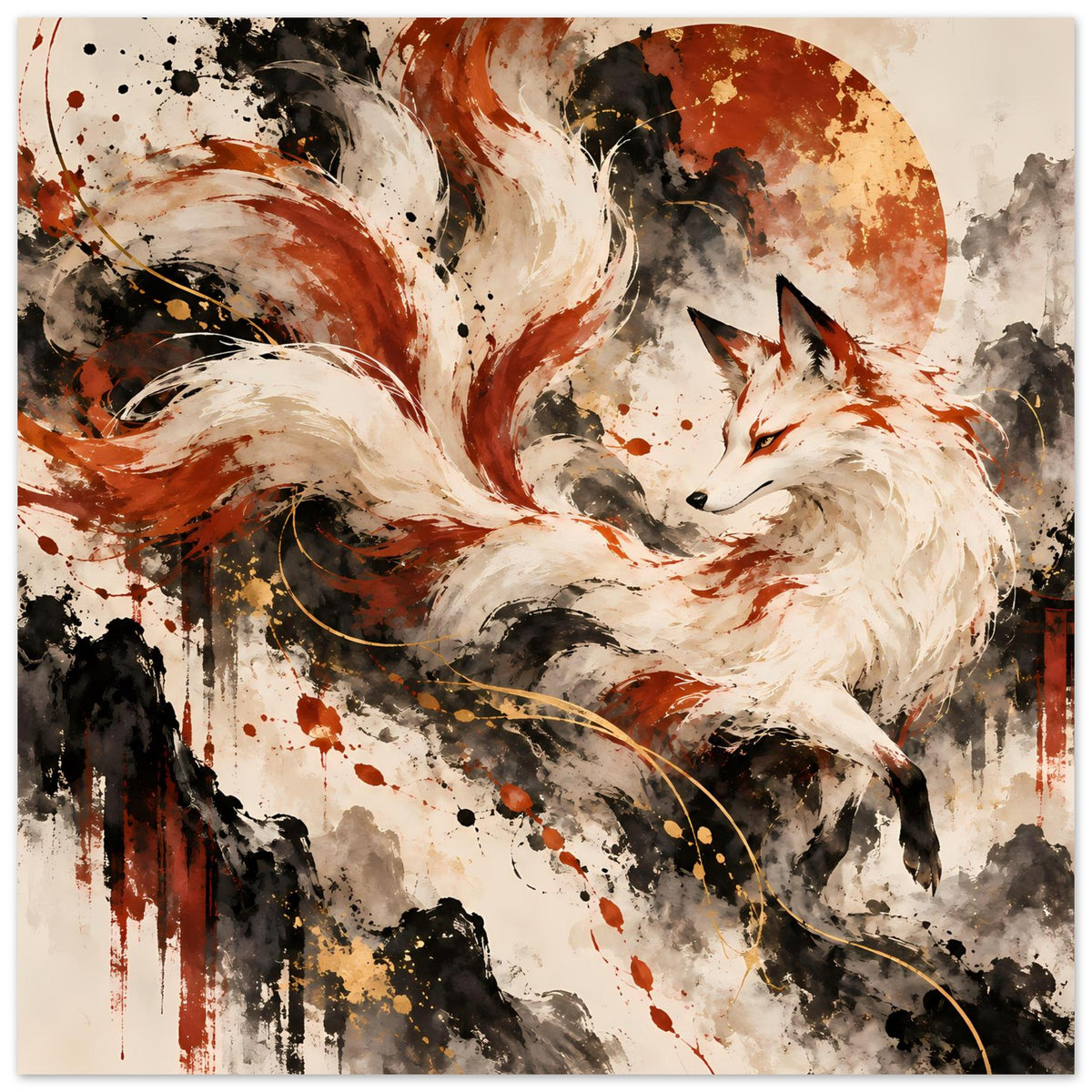 Fantasy-Poster mit liegendem Fuchs und auslaufendem Schweifenwirbel, orangebraune Sprenkel