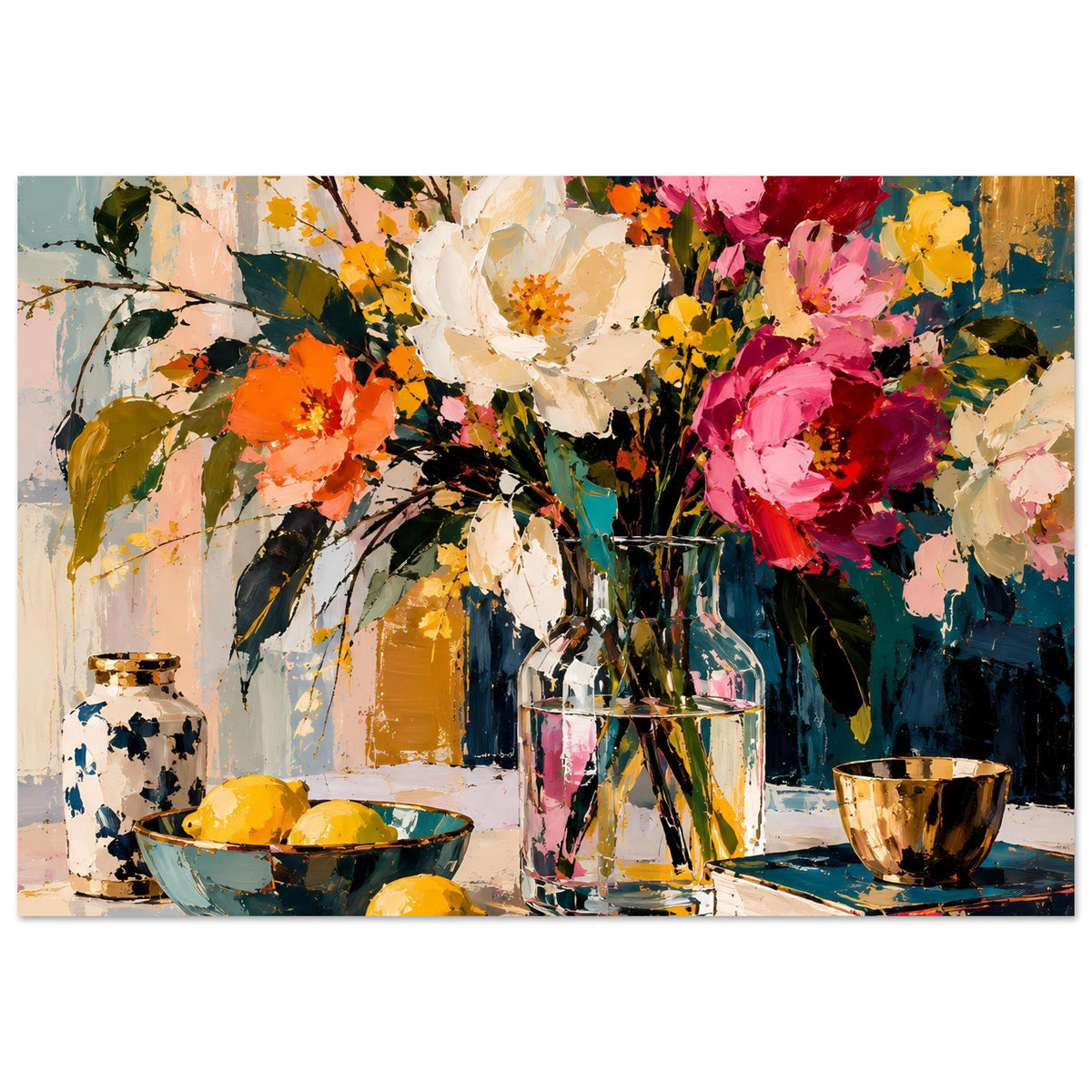 Blumenstillleben-Poster mit buntem Strauß, Vase, Schale und Keramikbecher, Querformat