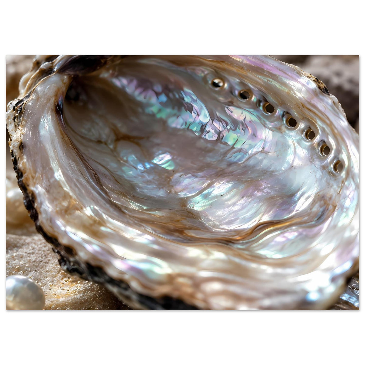 Poster mit Abalone-Muschel und Perlmuttglanz, Nahansicht mit leichtem Sandsockel