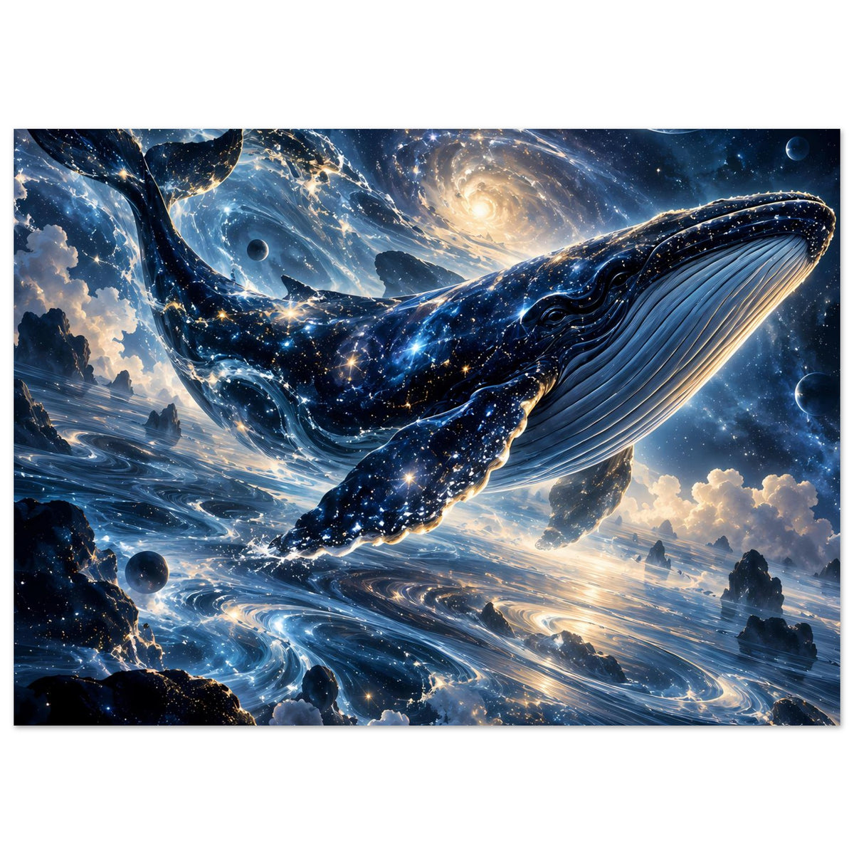 Kosmisches Fantasy-Poster: großer Wal mit Sternenstaub, schimmernde Tiefsee im All