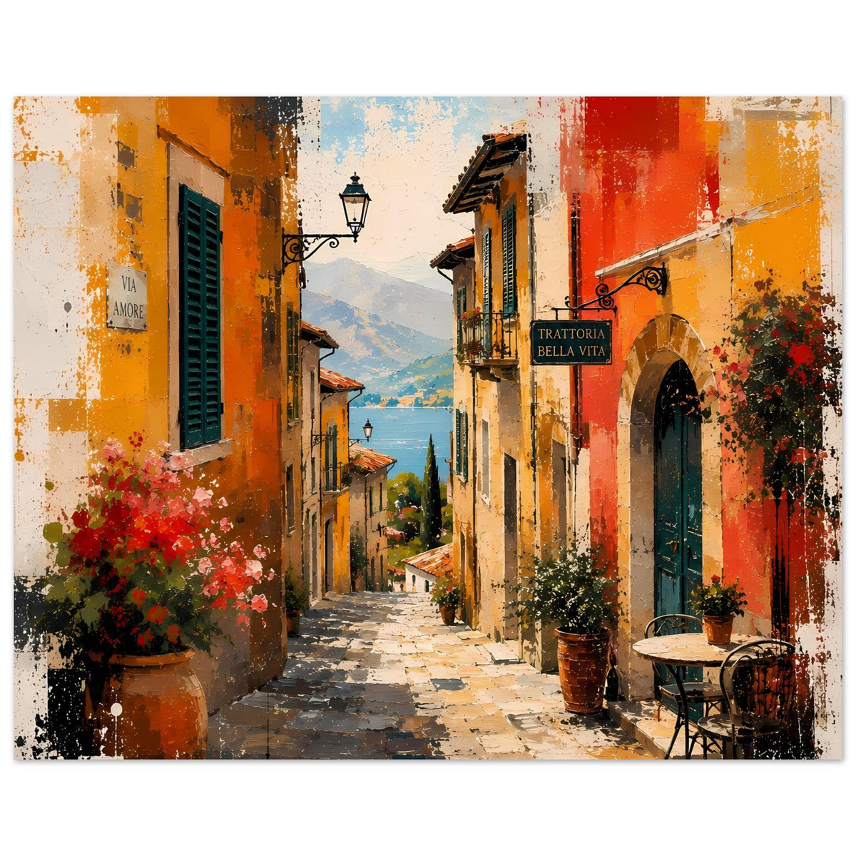 Poster mit mediterraner Straßengasse, Sitzgelegenheiten im Vordergrund und „TRATTORIA BELLA VITA“