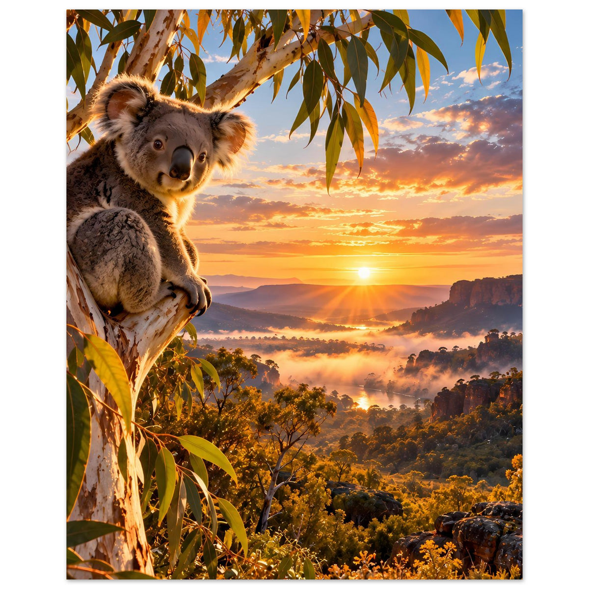 Koala-Sonnenuntergangs-Poster, Koala und Blätter groß im Vordergrund mit untergehender Sonne