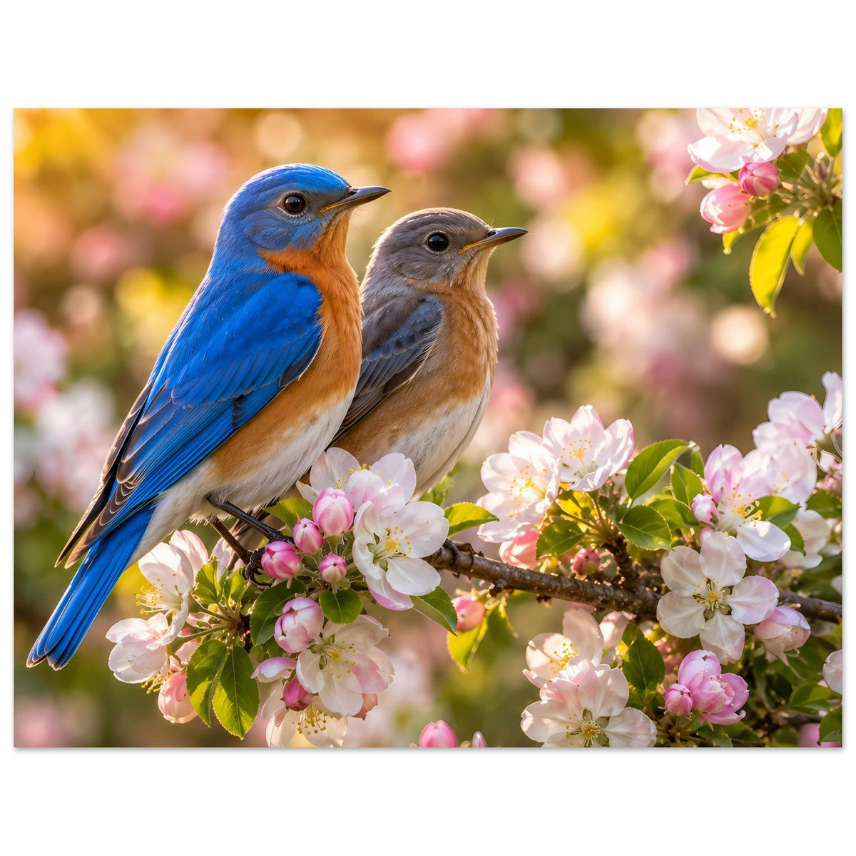 Poster (horizontal): Blaue und braune Singvögel auf blühendem Zweig mit rosa Blüten