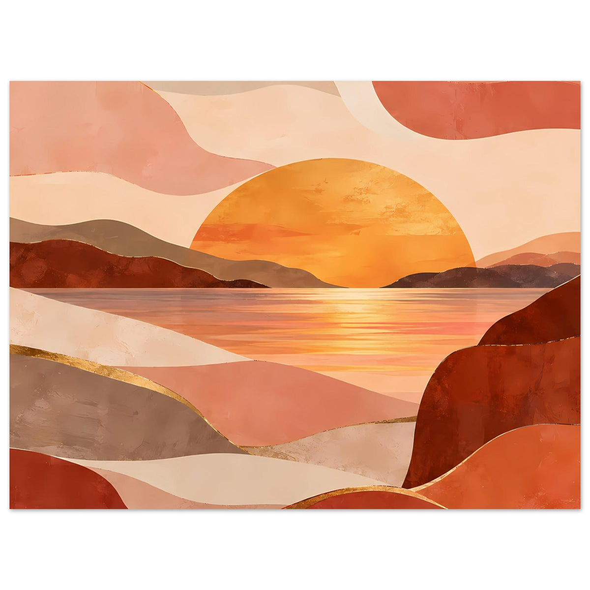 Landschafts-Poster im Querformat mit runder orangegelber Sonne, Bergkanten und ruhigem Wasser