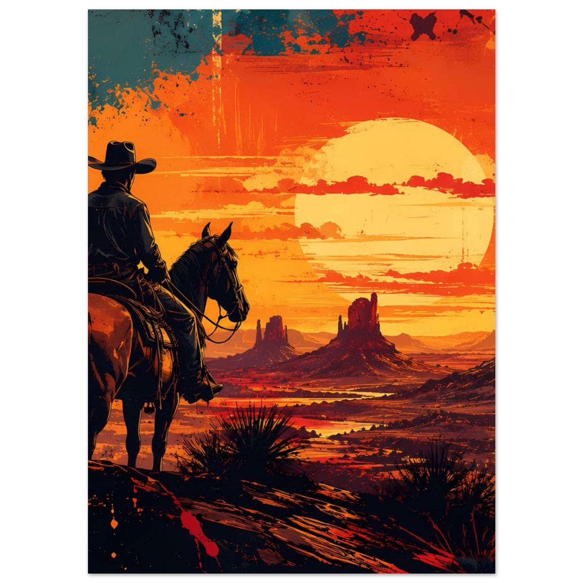 Cowboy-Poster mit Reiter auf Pferd und gelber Sonne, Wüstenlandschaft in Orange/Rot.