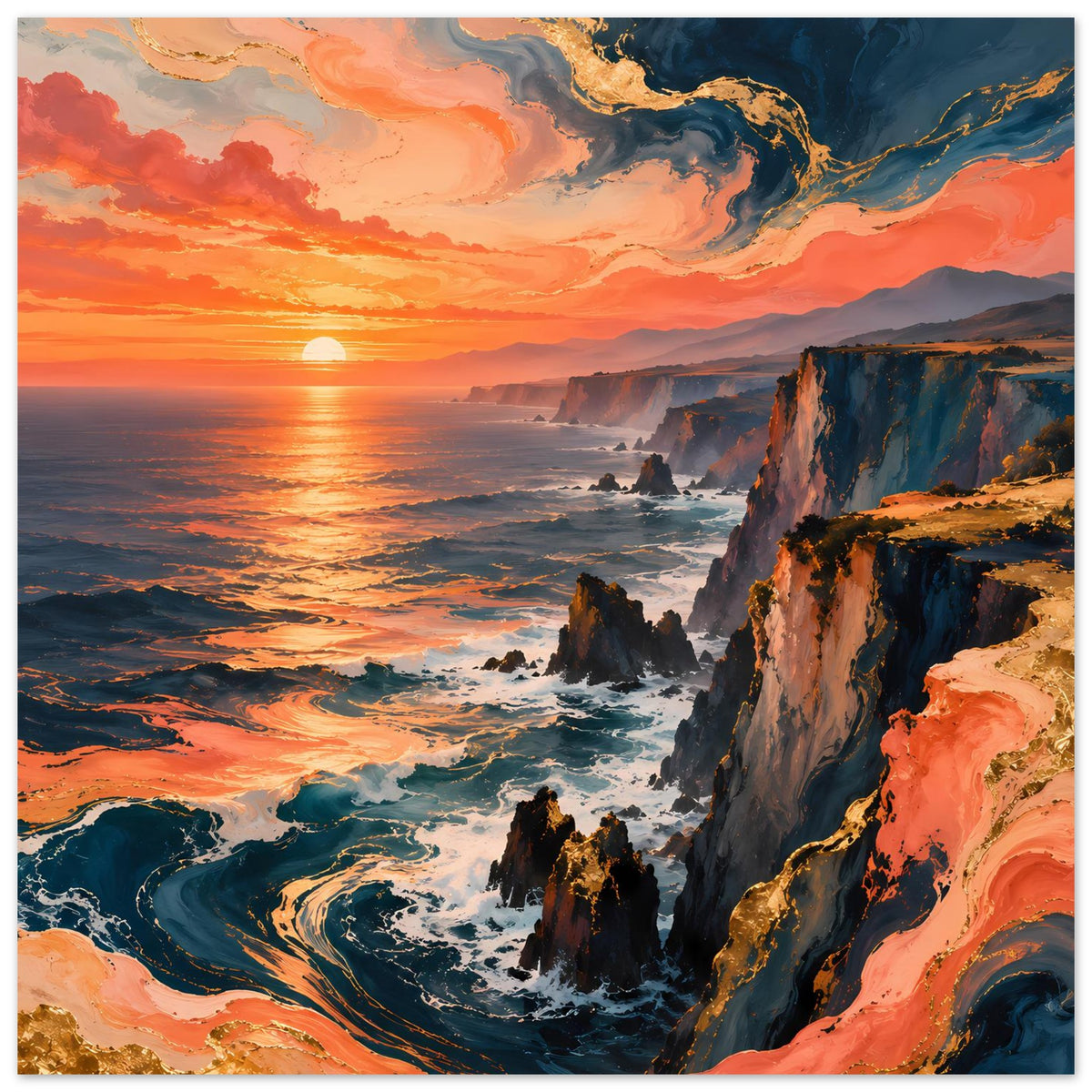 Quadratisches Poster: Sonnenuntergang an Felsenklippen über dem Meer, orange und blau
