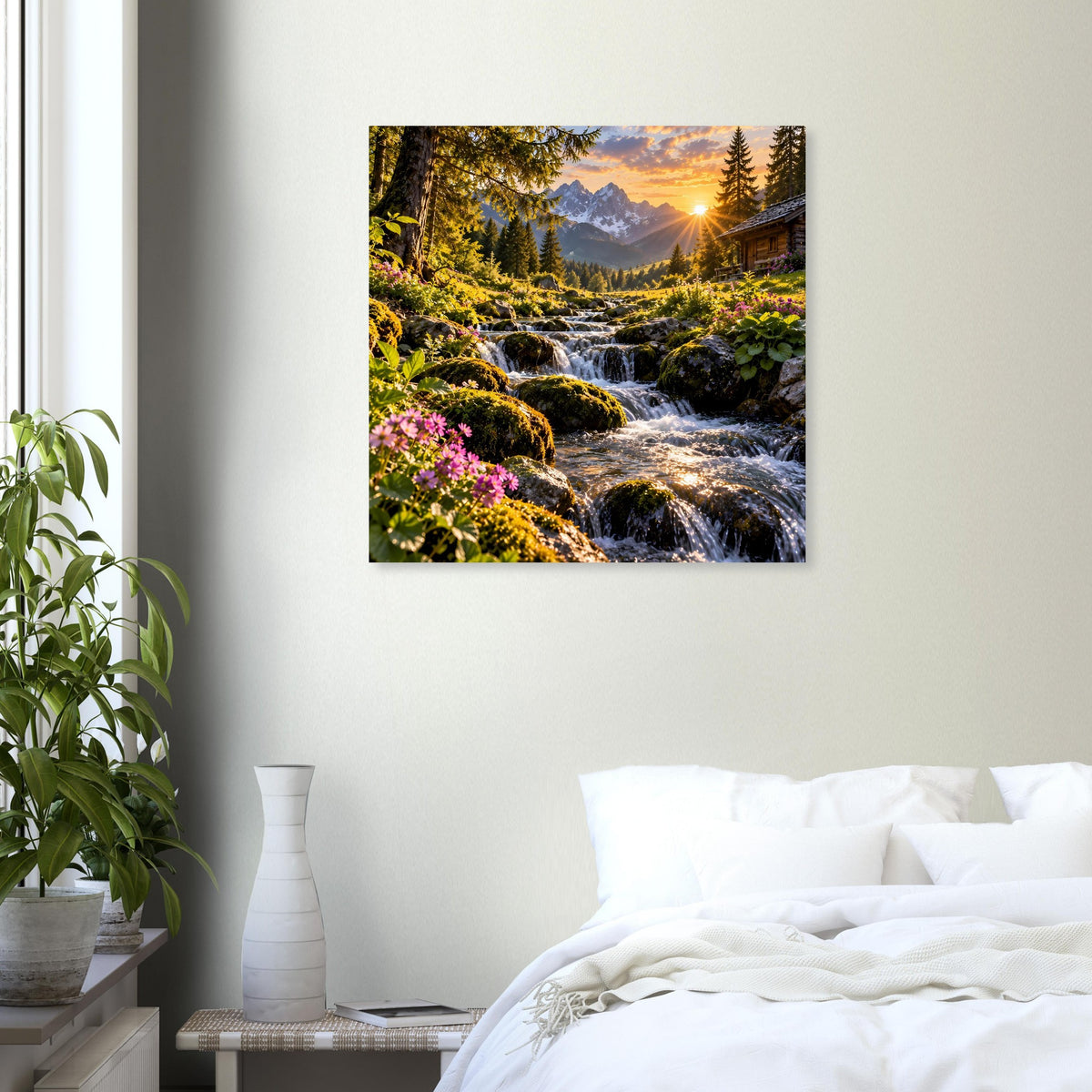 Landschafts-Poster: Bergbach in grüner Talwiese mit Abendhimmel und Sonne