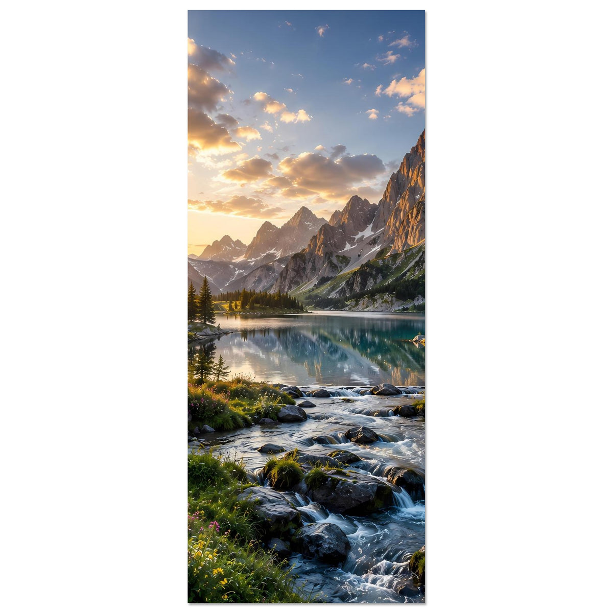 Vertikales Landschaftsposter mit Sonnenaufgang: Berge, Seeufer, Bachlauf und Tannen